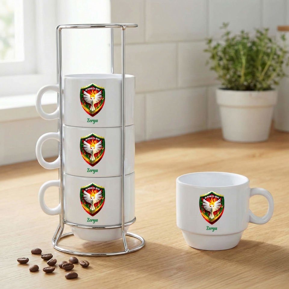 İsme Özel Amedspor Tasarımlı Standlı 4'lü Porselen Kahve Fincan Seti - Kişiye Özel Amed Spor Kahve Fincanları