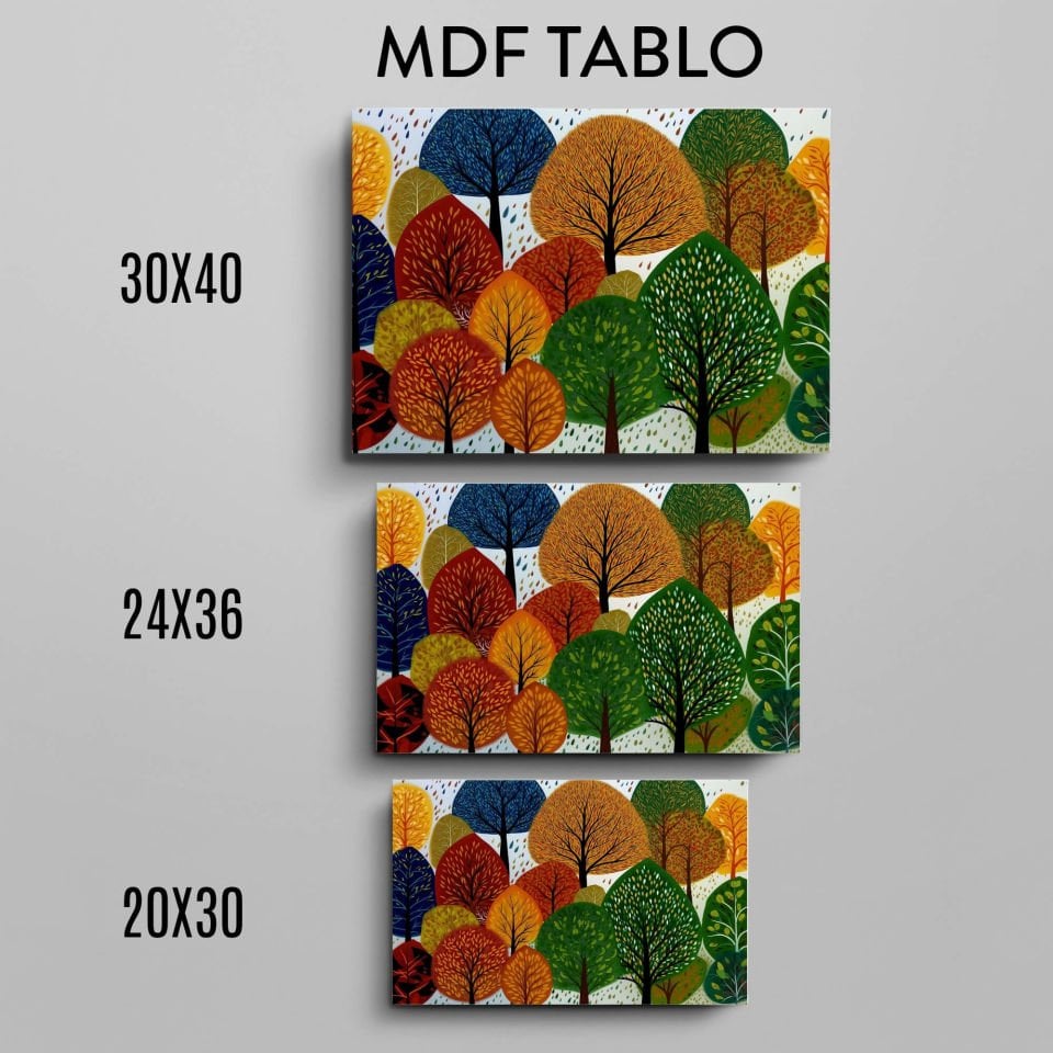 Rengarenk Ağaçlar Sonbahar Tasarımlı Duvar Dekoratif Mdf Ahşap Retro Poster Tablo