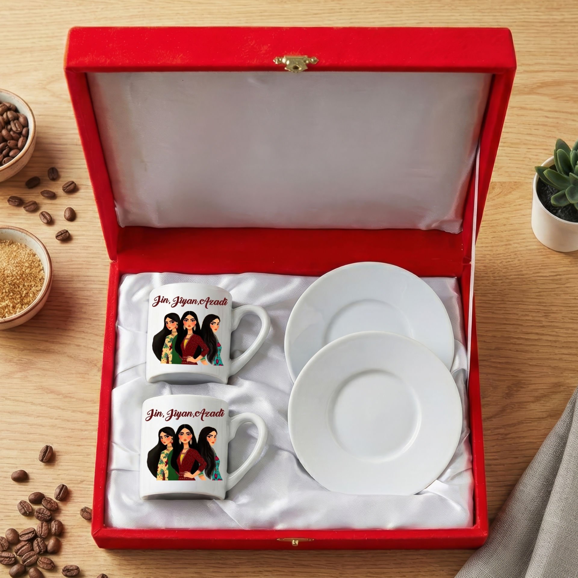 Jin Jiyan Azadi Tasarımlı Kırmızı Kadife Renkli Kutulu 2 li Porselen Kahve Fincan Seti