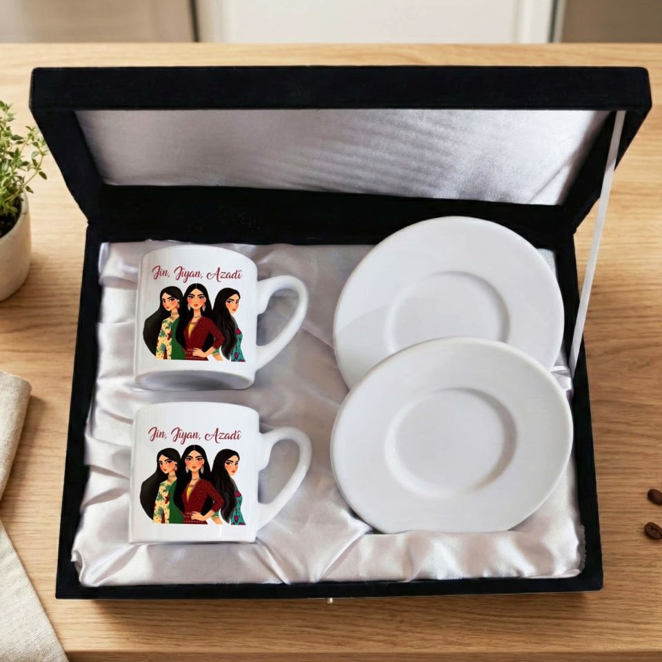 Jin Jiyan Azadi Tasarımlı Kadife Siyah Renkli Kutulu 2 li Porselen Kahve Fincan Seti