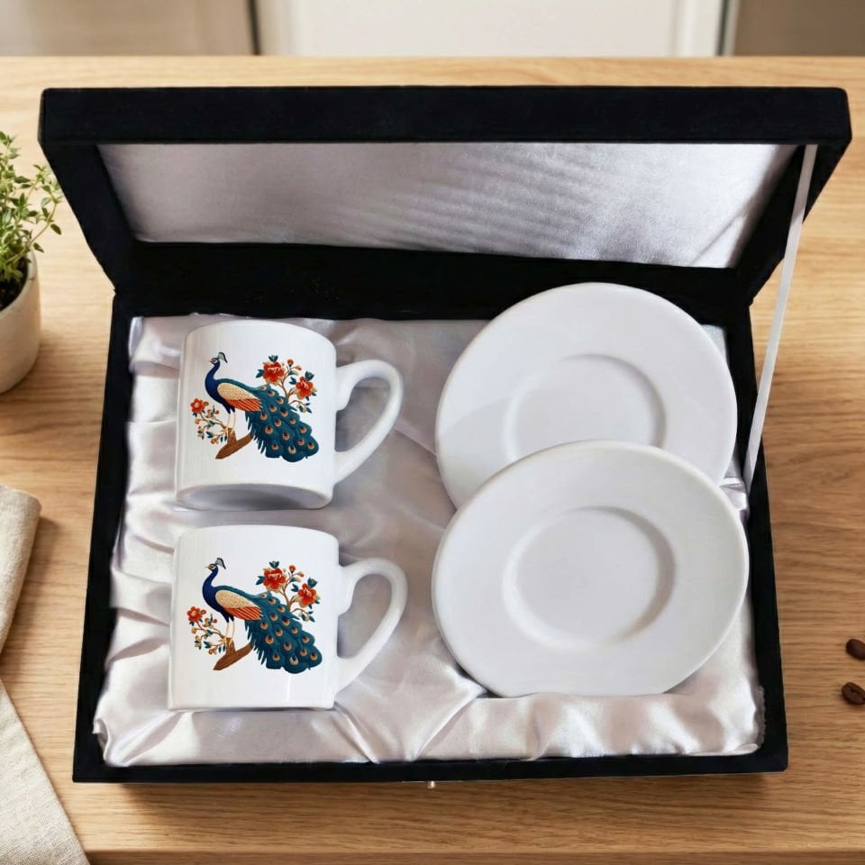 Melekê Tawis Tasarımlı Kadife Siyah Renkli Kutulu 2 li Porselen Kahve Fincan Seti - Tavus Kuşlu Siyah Kahve Fincanları