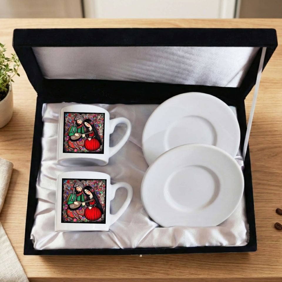 Sevgililere Özel Mem û Zîn Tasarımlı Kadife Siyah Renkli Kutulu 2 li Porselen Kahve Fincan Seti