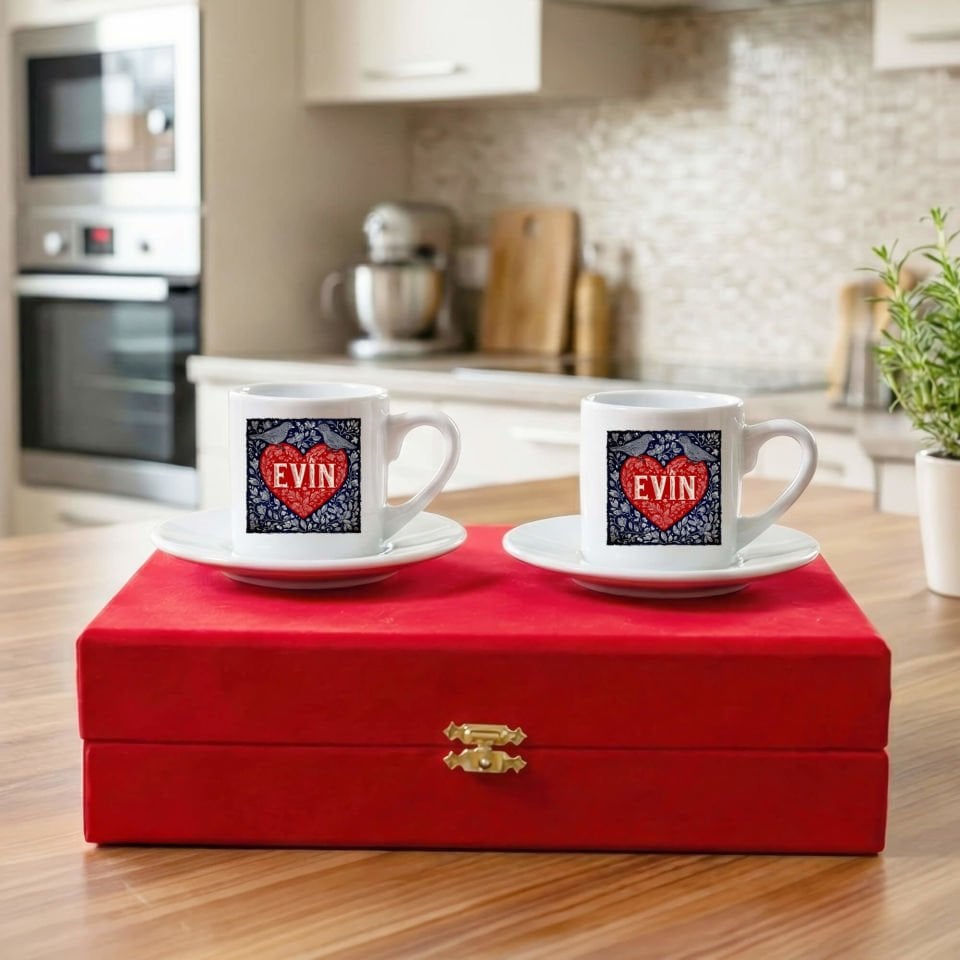 Sevgililere Özel Kürtçe Evîn Yazılı Kadife Kırmızı Renkli Kutulu 2 li Porselen Kahve Fincan Seti