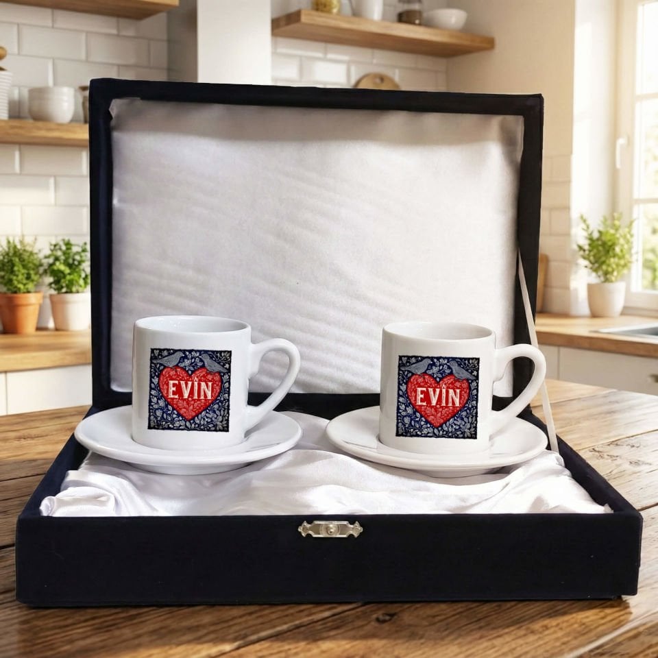 Sevgililere Özel Kürtçe Evîn Yazılı Kadife Siyah Renkli Kutulu 2 li Porselen Kahve Fincan Seti