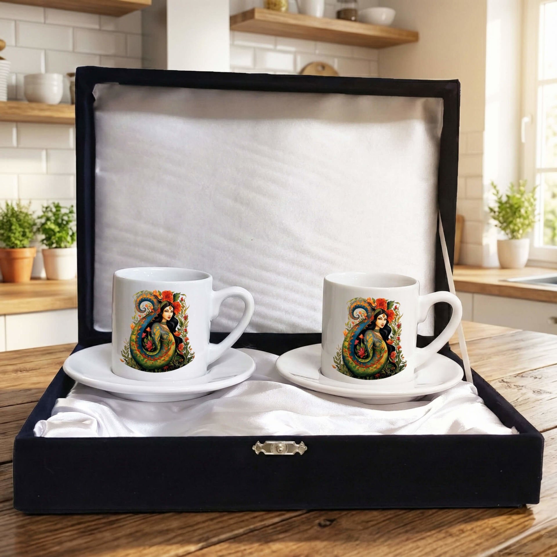 Şahmaran Kadın Tasarımlı Kadife Siyah Renkli Kutulu 2 li Porselen Kahve Fincan Seti - Şahmeran Kadını Siyah Fincan Seti