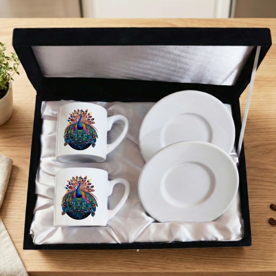 Tavus Kuşu Melekê Tawis Tasarımlı Kadife Siyah Renkli Kutulu 2 li Porselen Kahve Fincan Seti