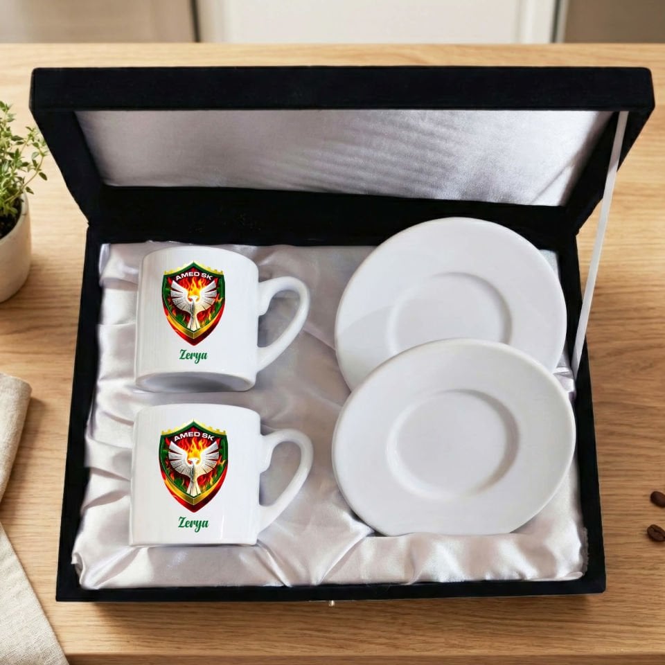 İsme Özel Amedspor Tasarımlı Kadife Siyah Renkli Kutulu 2 li Porselen Kahve Fincan Seti - Amed Spor Siyah Fincanları