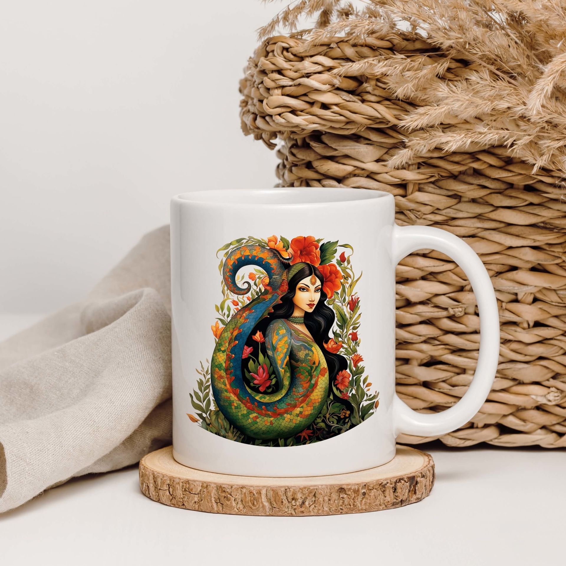 Şahmaran Tasarımlı Klasik Kupa Bardağı - Şahmeran Motifli Klasik Beyaz Kupa Bardak