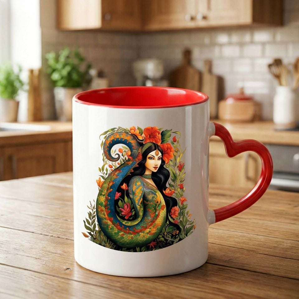 Şahmaran Tasarımlı Kırmızı Kalp Kupa Bardağı - Şahmeran Tasarımlı Kalp Kupa Bardak