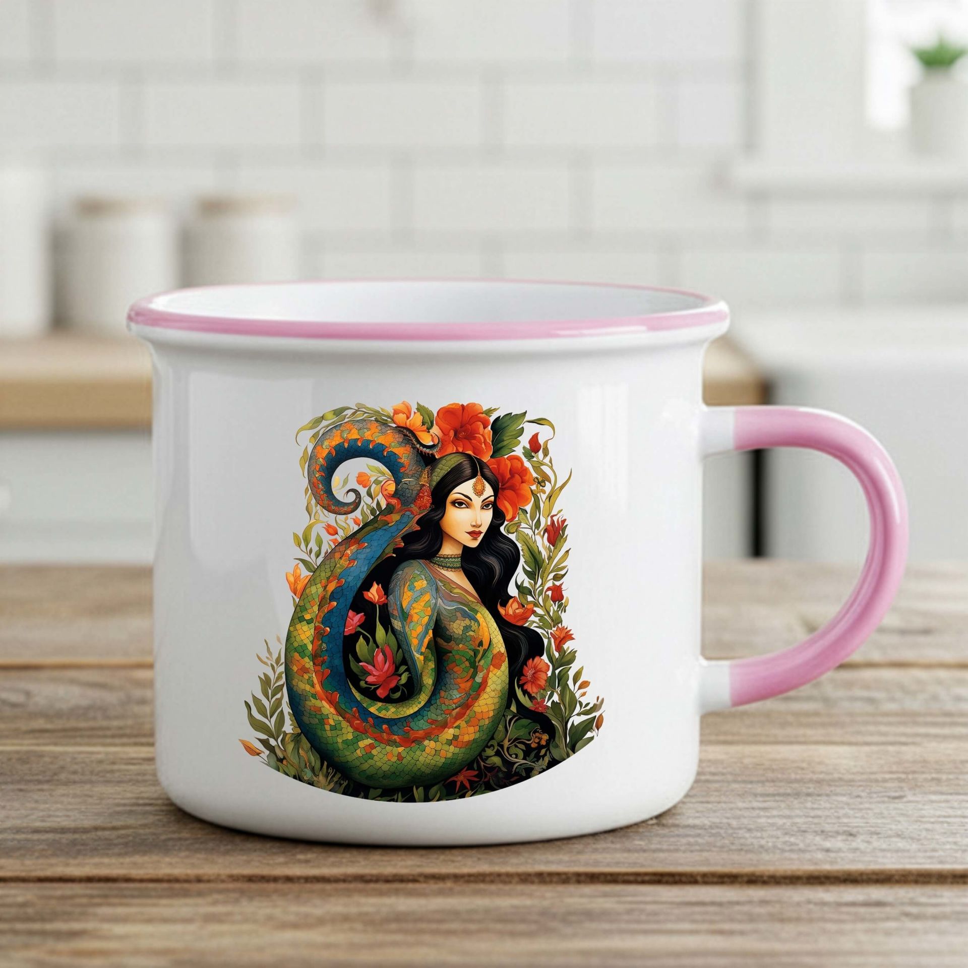 Şahmaran Tasarımlı Enamel Pembe Kupa Bardağı - Şahmeran Motifli Enamel Pembe Renkli Kupa Bardak