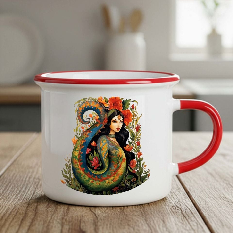 Şahmaran Tasarımlı Enamel Kırmızı Kupa Bardağı - Şahmeran Motifli Enamel Kırmızı Renkli Kupa Bardak