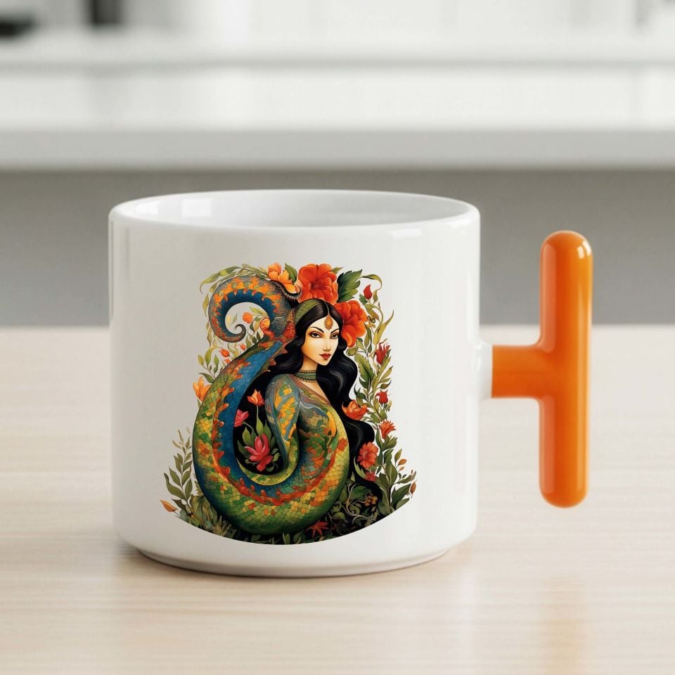 Şahmaran Tasarımlı Turuncu T Kupa Bardağı - Şahmeran Motifli Turuncu T Renkli Kupa Bardak