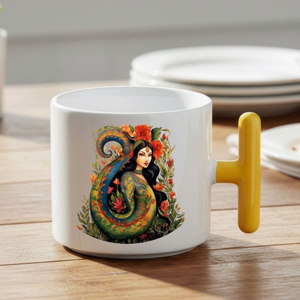 Şahmaran Tasarımlı Sarı T Kupa Bardağı - Şahmeran Motifli Sarı T Renkli Kupa Bardak