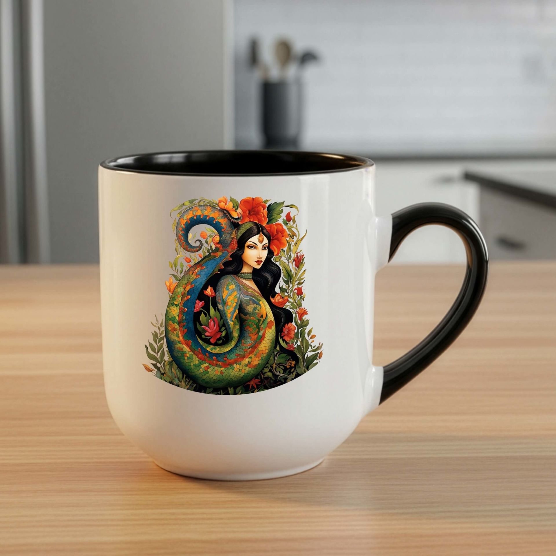 Şahmaran Tasarımlı Elite Oval Siyah Kupa Bardağı - Şahmeran Motifli Elite Oval Siyah Renkli Kupa Bardak