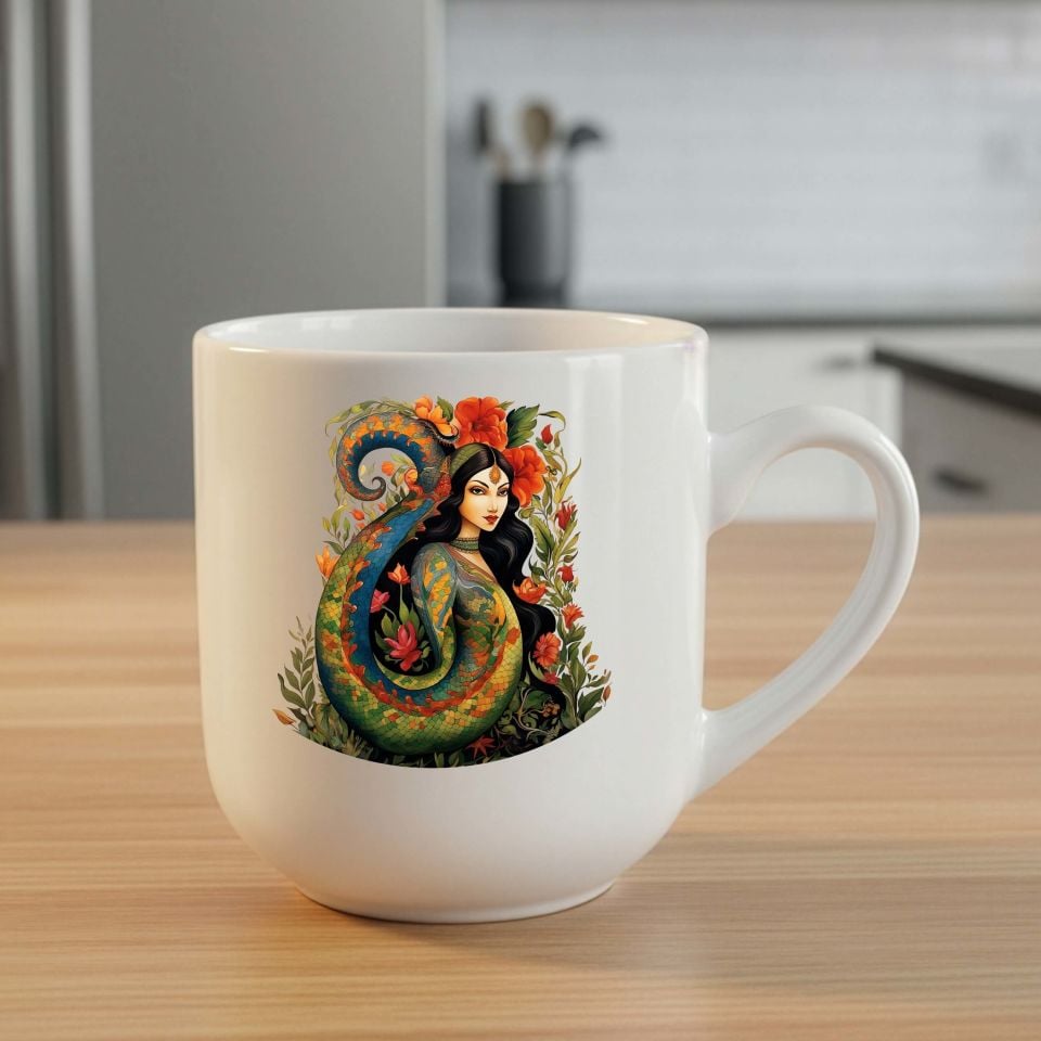 Şahmaran Tasarımlı Elite Oval Beyaz Kupa Bardağı - Şahmeran Motifli Elite Oval Beyaz Renkli Kupa Bardak