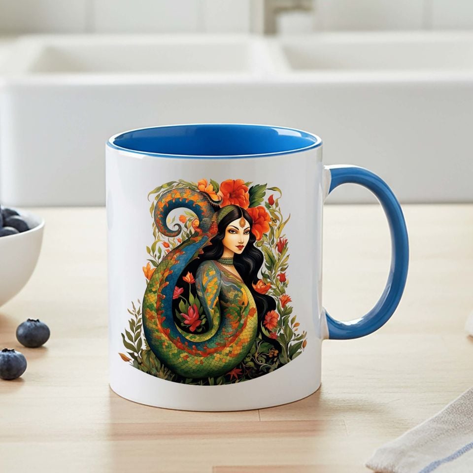 Şahmaran Tasarımlı Mavi Renk Klasik Kupa Bardağı - Şahmeran Motifli Klasik Mavi Renkli Kupa Bardak