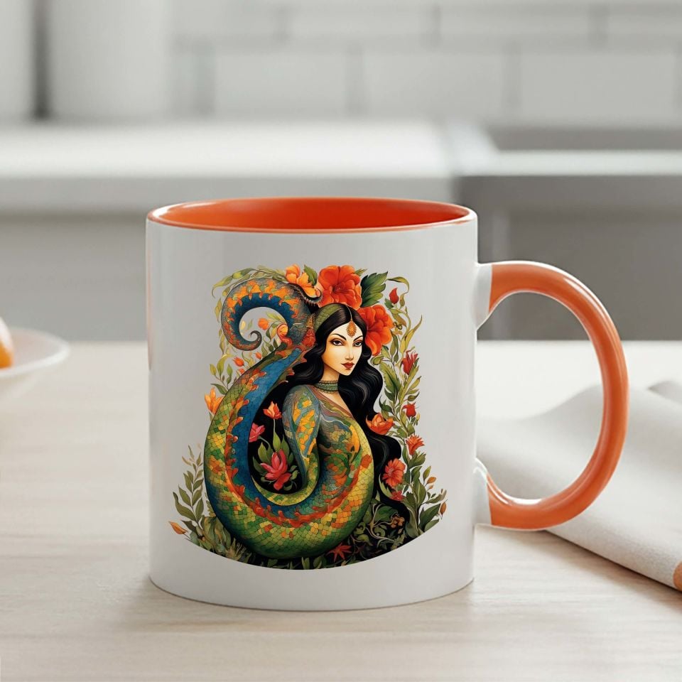 Şahmaran Tasarımlı Turuncu Renk Klasik Kupa Bardağı - Şahmeran Motifli Klasik Turuncu Renkli Kupa Bardak