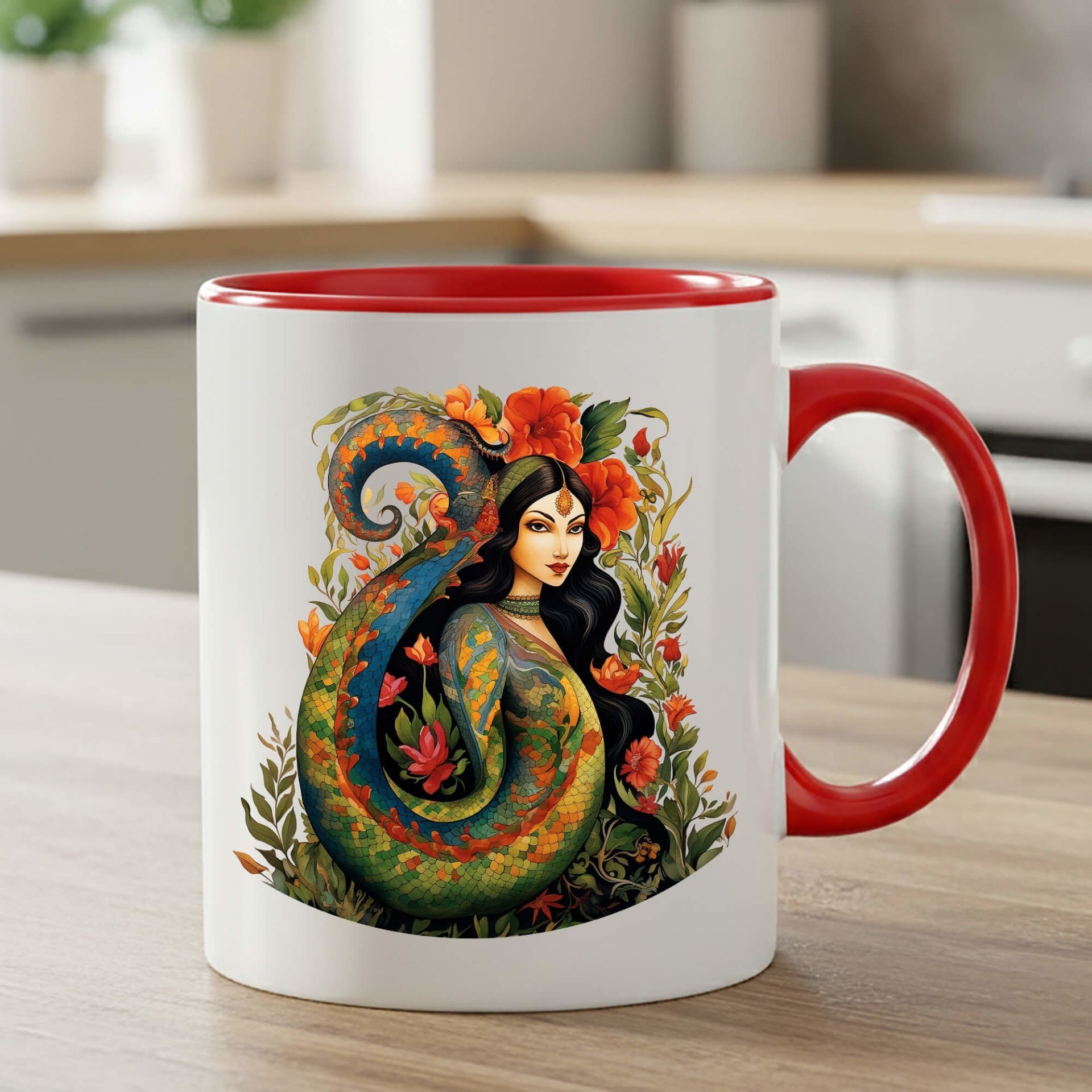 Şahmaran Tasarımlı Kırmızı Renk Klasik Kupa Bardağı - Şahmeran Motifli Klasik Kırmızı Renkli Kupa Bardak