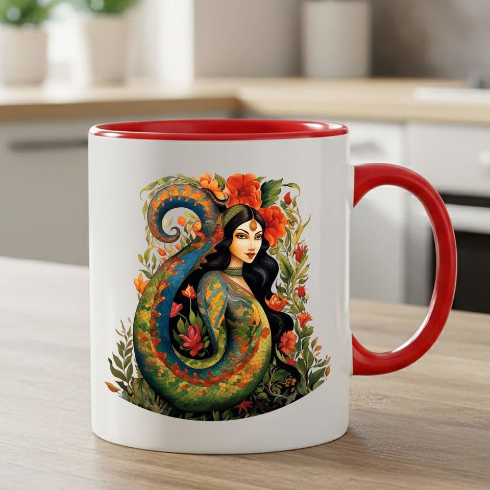 Şahmaran Tasarımlı Kırmızı Renk Klasik Kupa Bardağı - Şahmeran Motifli Klasik Kırmızı Renkli Kupa Bardak