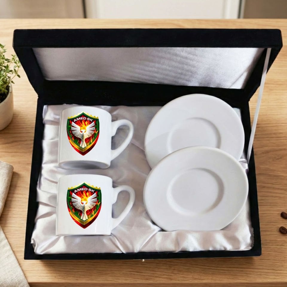 Amedspor Tasarımlı Kadife Siyah Renkli Kutulu 2 li Porselen Kahve Fincan Seti - Amed Spor Siyah Fincanları