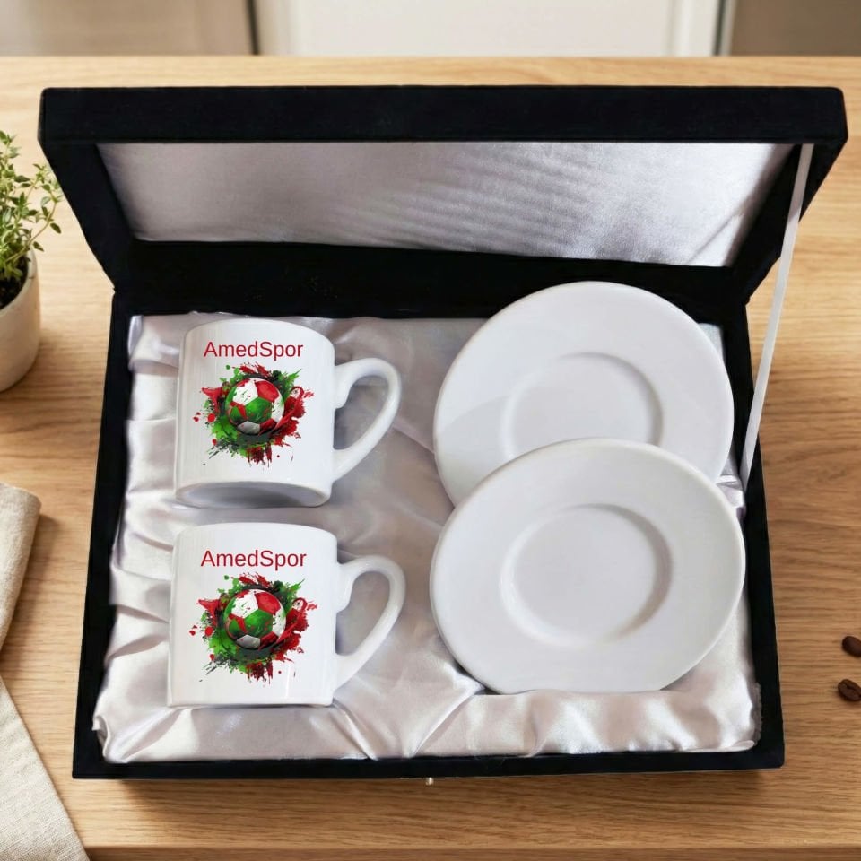 Amedspor Futbol Toplu Tasarımlı Kadife Siyah Renkli Kutulu 2 li Porselen Kahve Fincan Seti - Amed Spor Siyah Fincanları