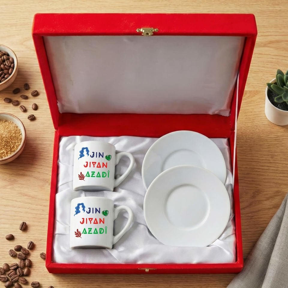 Jin Jiyan Azadi Yazılı Kadife Kırmızı Renkli Kutulu 2 li Porselen Kahve Fincan Seti