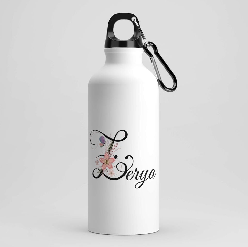 İsme Özel Çiçek Tasarımlı Kancalı Matara - İsminize Özel Matara