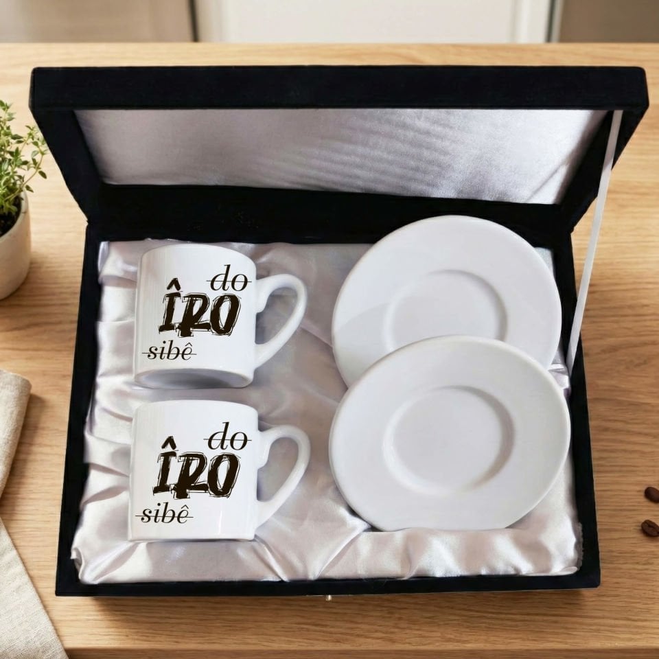 Kürtçe Do Îro Sibê Yazılı Siyah Renkli Kutulu 2 li Porselen Kahve Fincan Seti