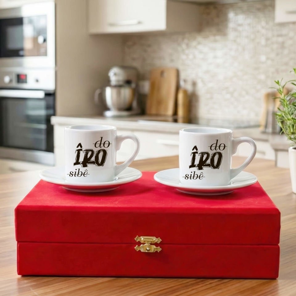 Kürtçe Do Îro Sibê Yazılı Kırmızı Renkli Kutulu 2 li Porselen Kahve Fincan Seti