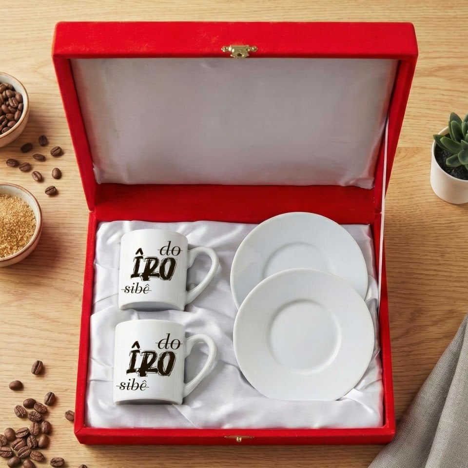 Kürtçe Do Îro Sibê Yazılı Kırmızı Renkli Kutulu 2 li Porselen Kahve Fincan Seti
