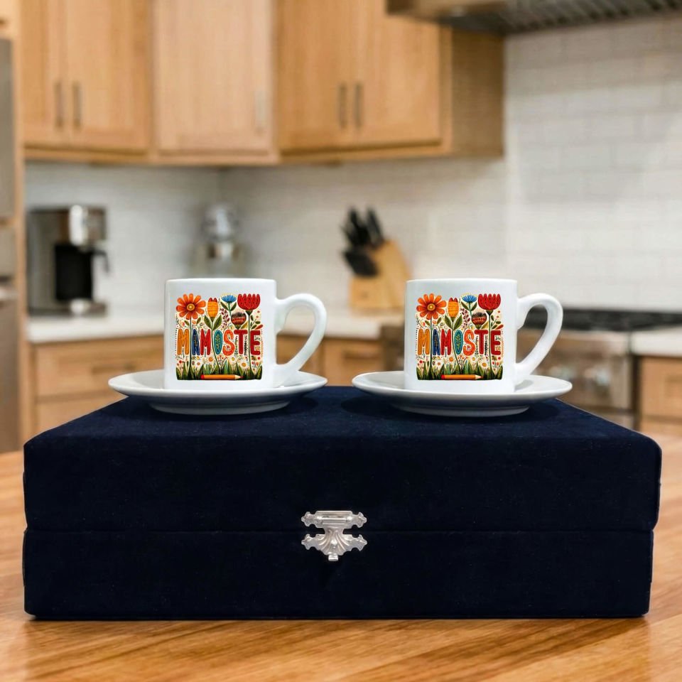 Kürtçe Mamoste Yazılı Öğretmenler İçin Siyah Renkli Kutulu 2 li Porselen Kahve Fincan Seti