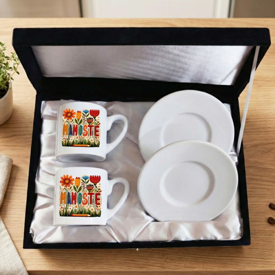 Kürtçe Mamoste Yazılı Öğretmenler İçin Siyah Renkli Kutulu 2 li Porselen Kahve Fincan Seti