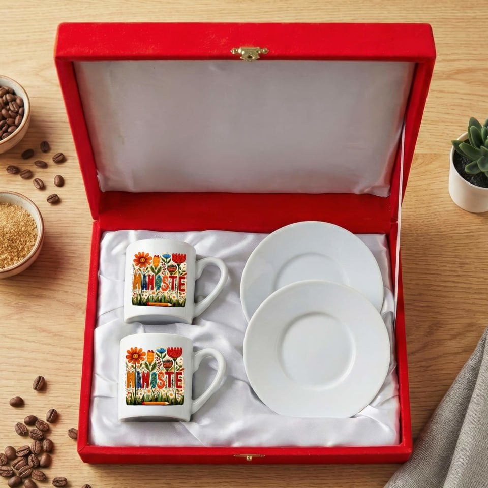 Kürtçe Mamoste Yazılı Öğretmenler İçin Kırmızı Renkli Kutulu 2 li Porselen Kahve Fincan Seti