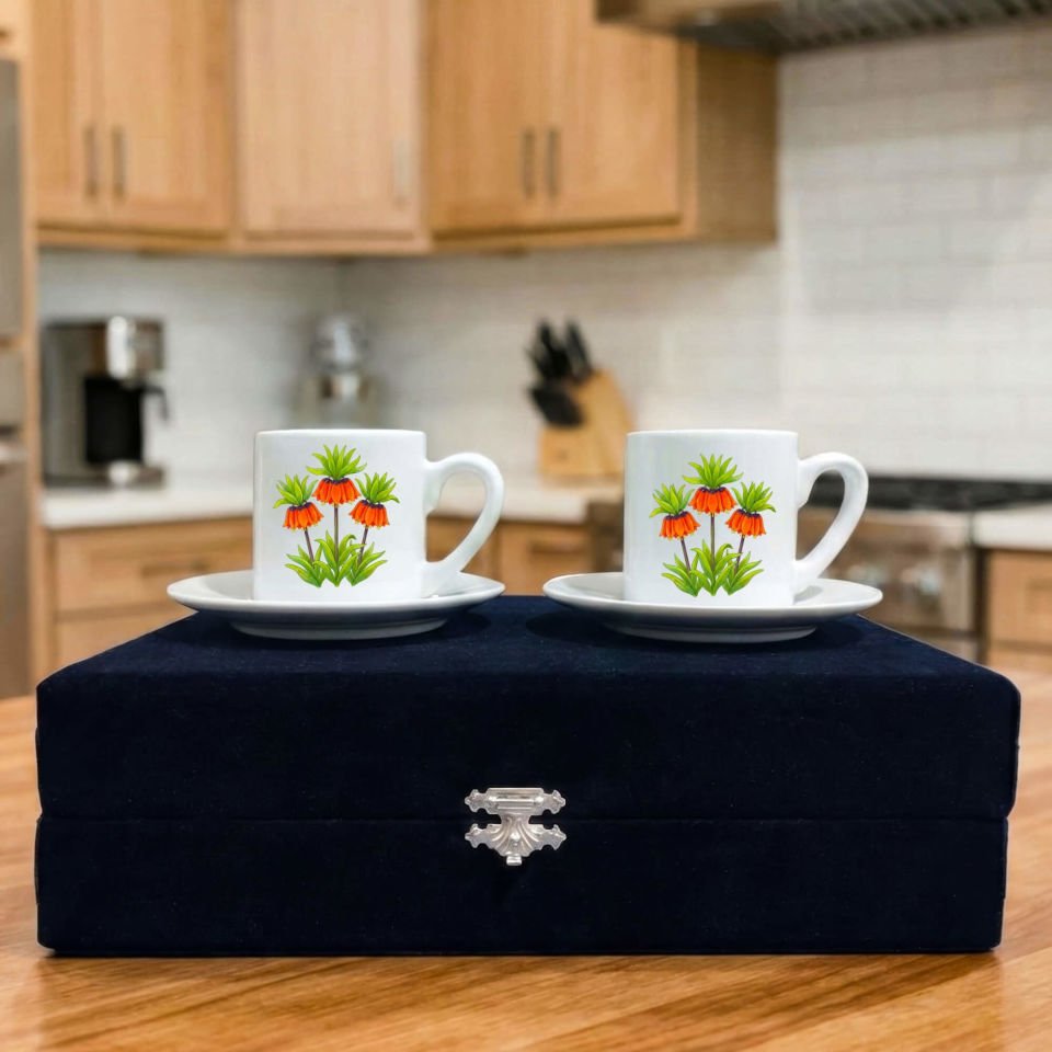 Guldexwîn Ters Lale Çiçek Tasarımlı Siyah Renkli Kutulu 2 li Porselen Kahve Fincan Seti