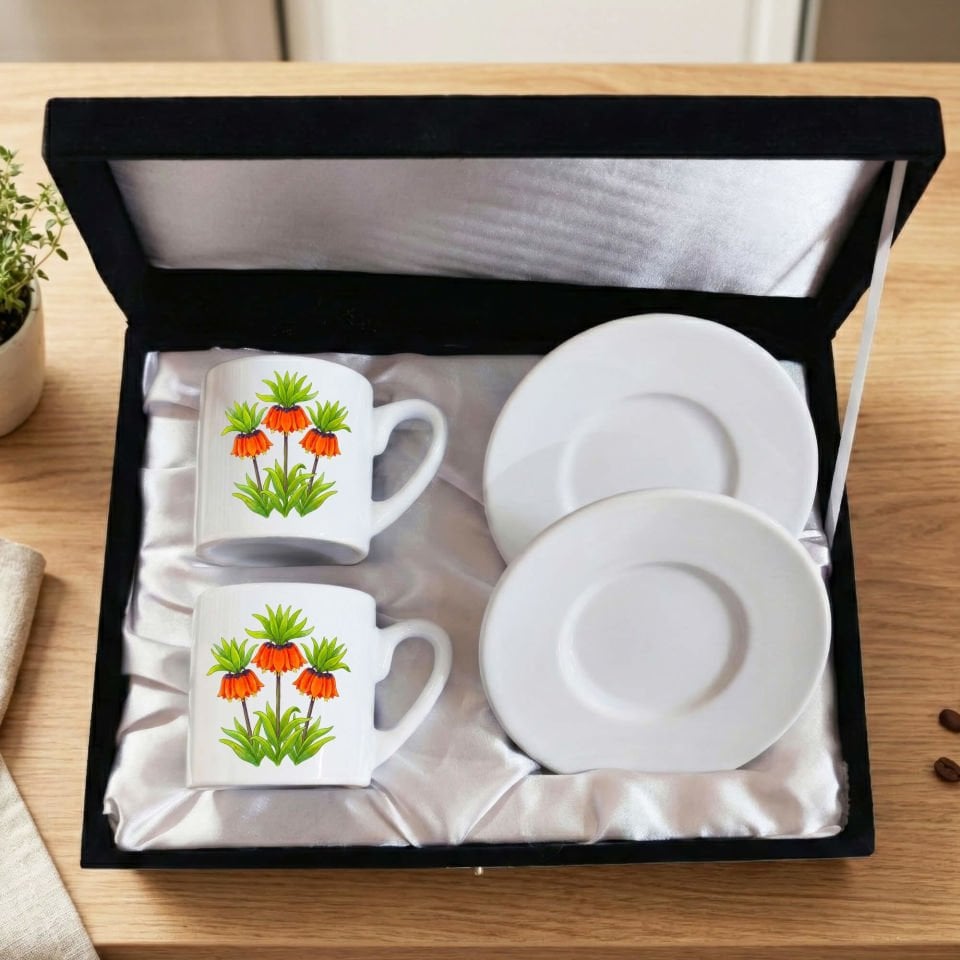 Guldexwîn Ters Lale Çiçek Tasarımlı Siyah Renkli Kutulu 2 li Porselen Kahve Fincan Seti