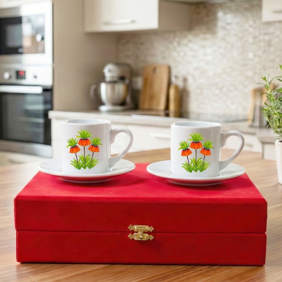 Guldexwîn Ters Lale Çiçek Tasarımlı Kırmızı Renkli Kutulu 2 li Porselen Kahve Fincan Seti