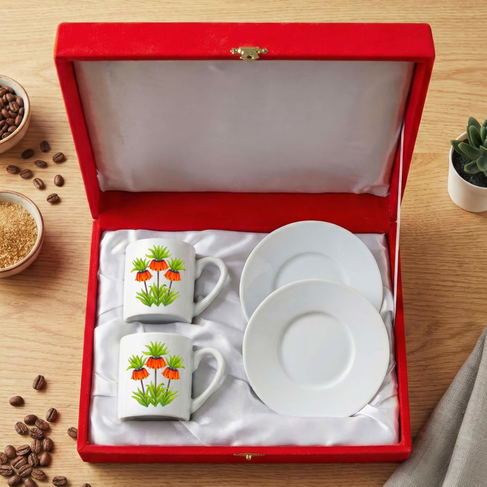 Guldexwîn Ters Lale Çiçek Tasarımlı Kırmızı Renkli Kutulu 2 li Porselen Kahve Fincan Seti
