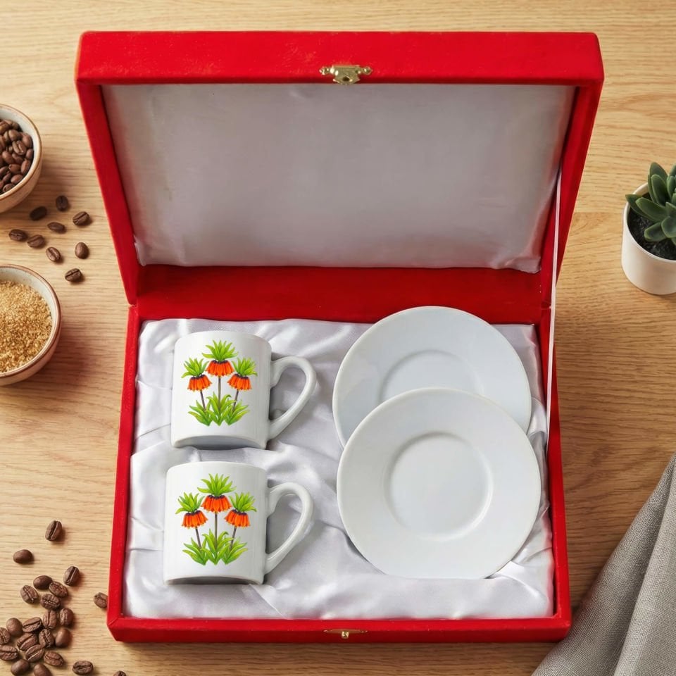Guldexwîn Ters Lale Çiçek Tasarımlı Kırmızı Renkli Kutulu 2 li Porselen Kahve Fincan Seti