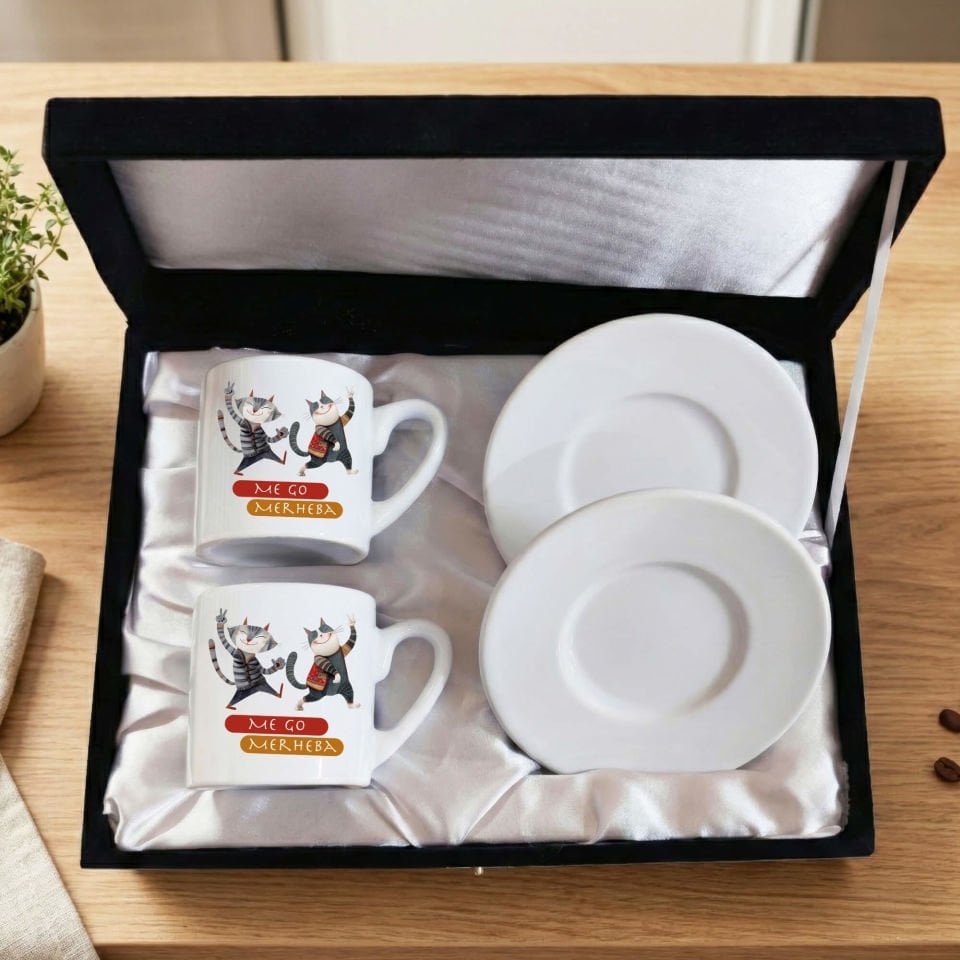 Kürtçe Me Go Merheba Yazılı Siyah Renkli Kutulu 2 li Porselen Kahve Fincan Seti