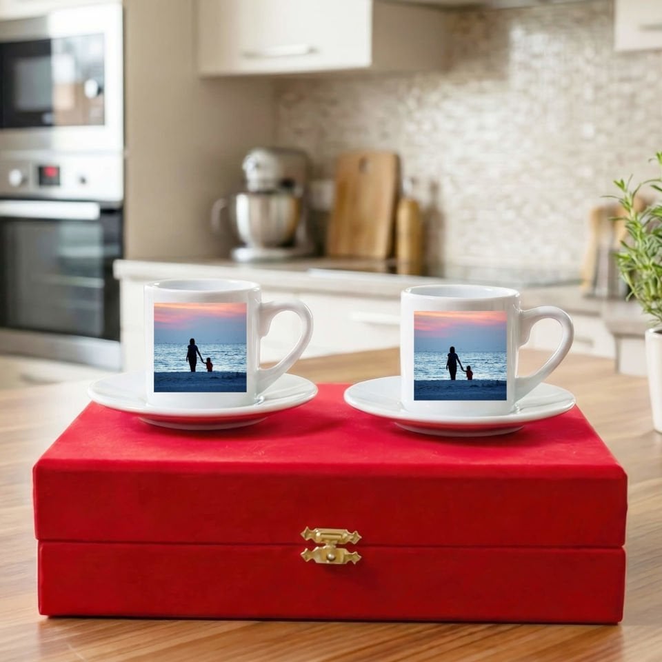 Kişiye Özel Foto Bastırmalı Kırmızı Renkli Kutulu 2 li Porselen Kahve Fincan Seti