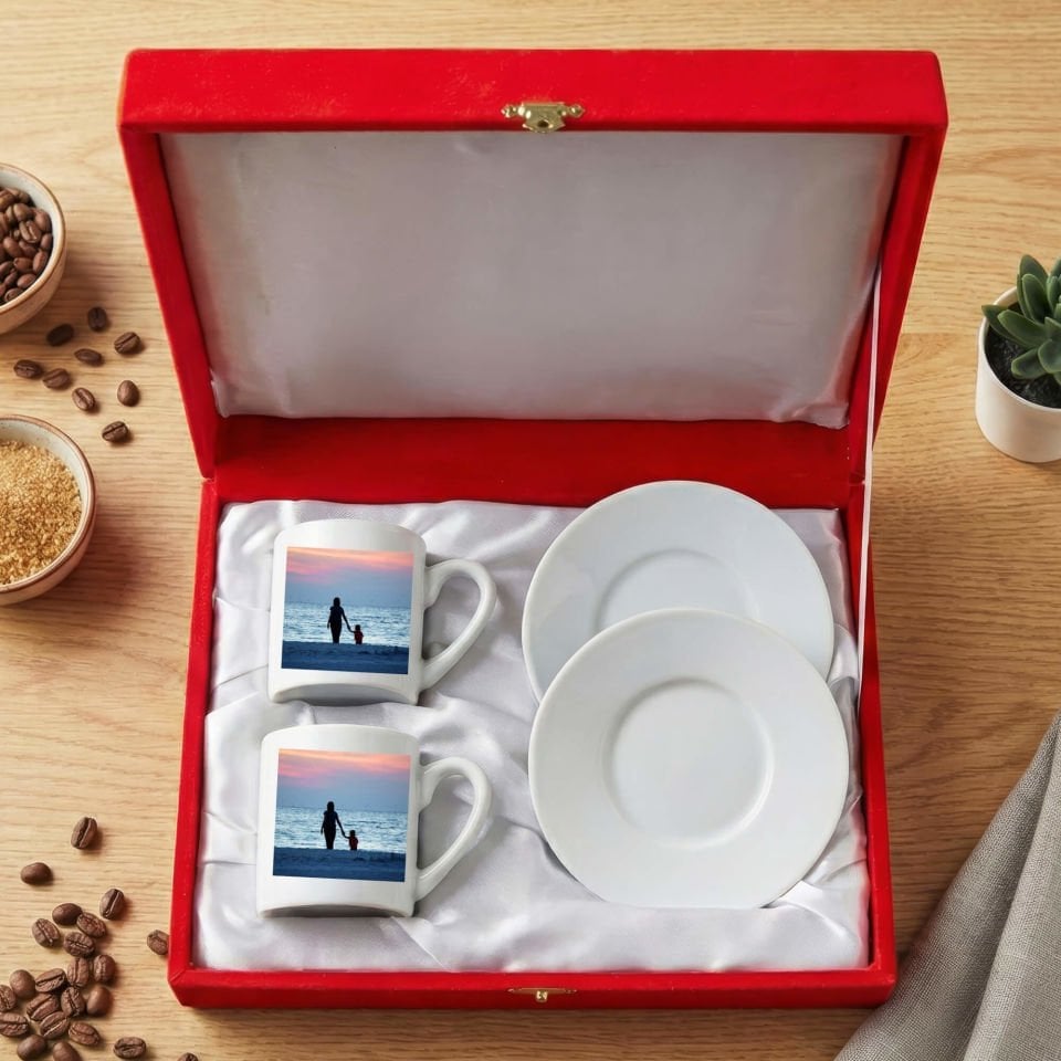 Kişiye Özel Foto Bastırmalı Kırmızı Renkli Kutulu 2 li Porselen Kahve Fincan Seti