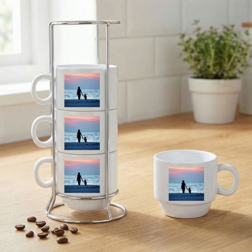 Kişiye Özel Foto Bastırmalı Standlı 4'lü Porselen Kahve Fincan Seti - Resimli Kahve Fincanları