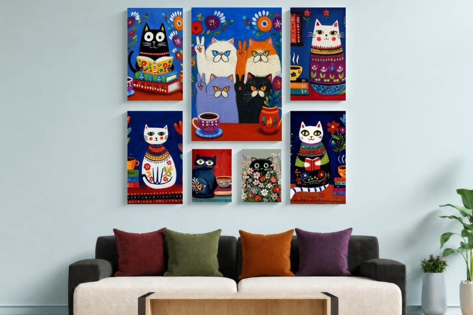 Tabloya Pisîkan Çiçek Desenli Kedi Görselli Tasarımlı Motifli Duvar Dekoratif Mdf Ahşap Retro Poster Tablo SETİ