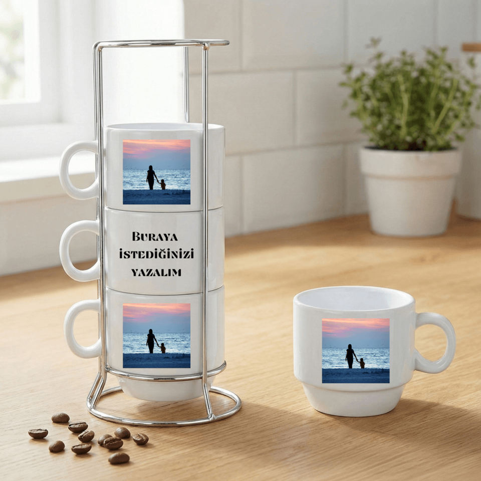 Kişiye Özel Foto Bastırmalı ve Özel Notlu Standlı 4'lü Porselen Kahve Fincan Seti - Resimli Kahve Fincanları