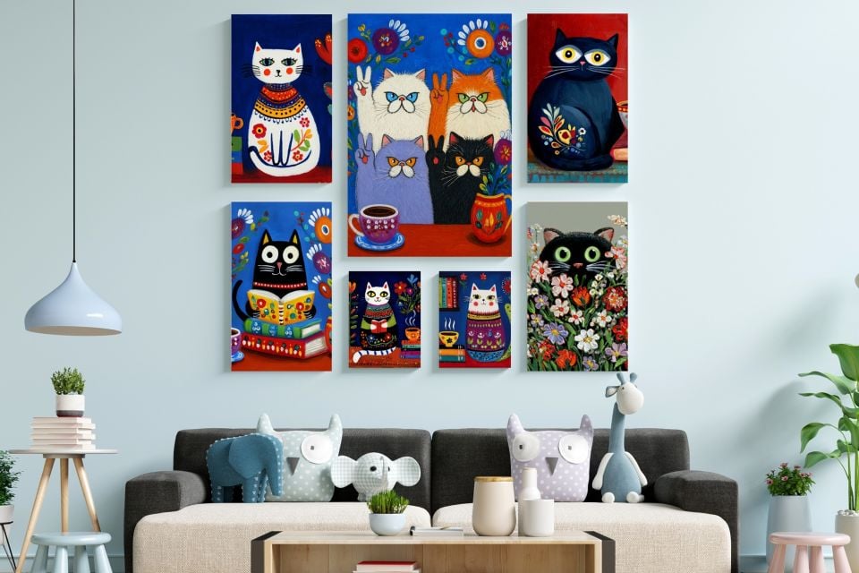 Tabloya Pisîkan Çiçek Desenli Kedi Tasarımlı Motifli Duvar Dekoratif Mdf Ahşap Retro Poster Tablo