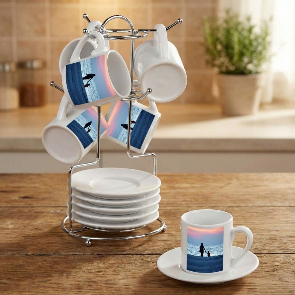 Kişiye Özel Foto bastırmalı Standlı 6'lı Porselen Kahve Fincan Seti - Resimli Kahve Fincanları 6'lı Takım