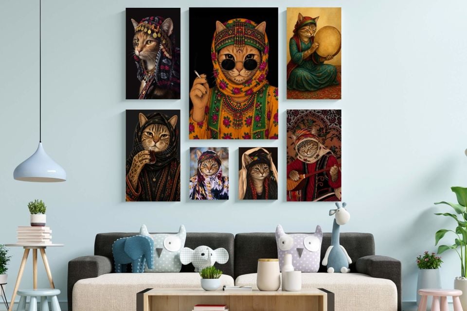 Tabloya Pisîkan Otantik Yöresel Desenli Kedi Görselli Tasarımlı Motifli Duvar Dekoratif Mdf Ahşap Retro Poster Tablo