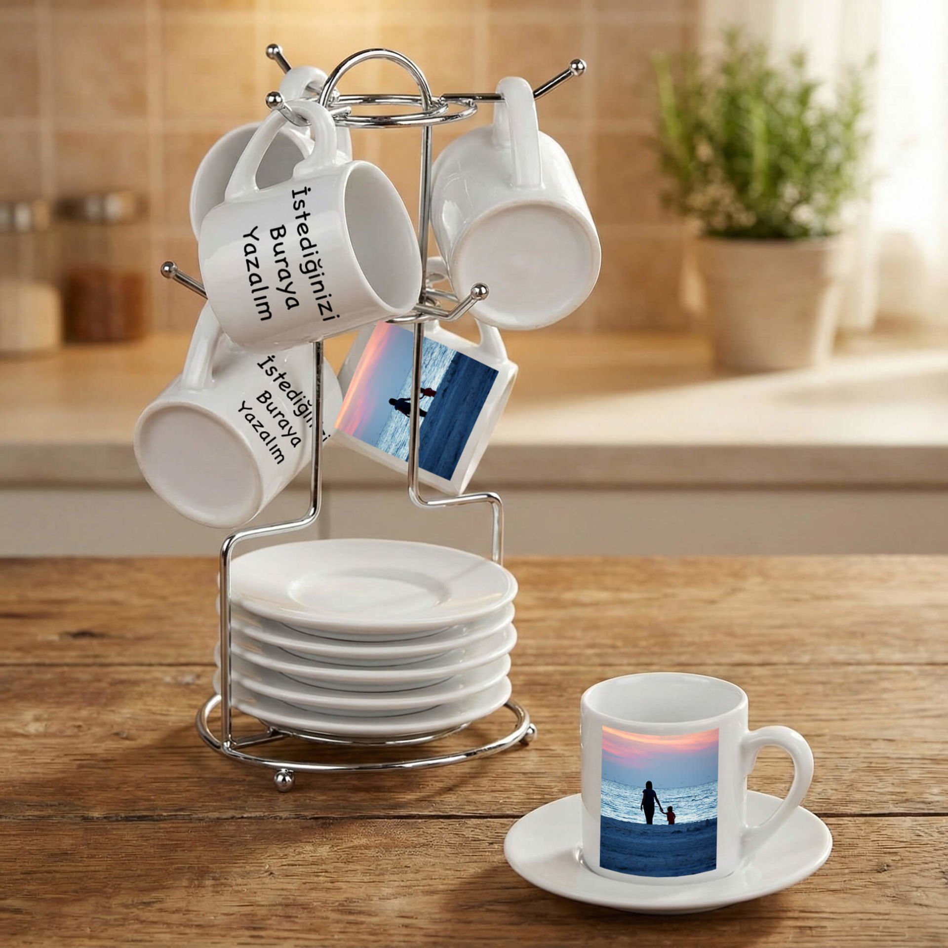 Kişiye Özel Foto Bastırmalı ve Özel Notlu Standlı 6'lı Porselen Kahve Fincan Seti - Resimli Kahve Fincanları 6'lı Takım