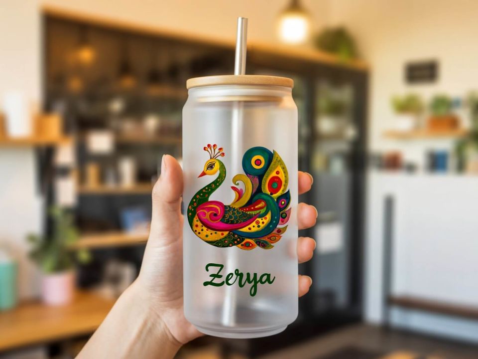 İsme Özel Tavus Kuşlu Pipetli Su Süt Meyve Suyu Cam Suluk - Tavus Kuş Tasarımlı Suluk (600 ml)