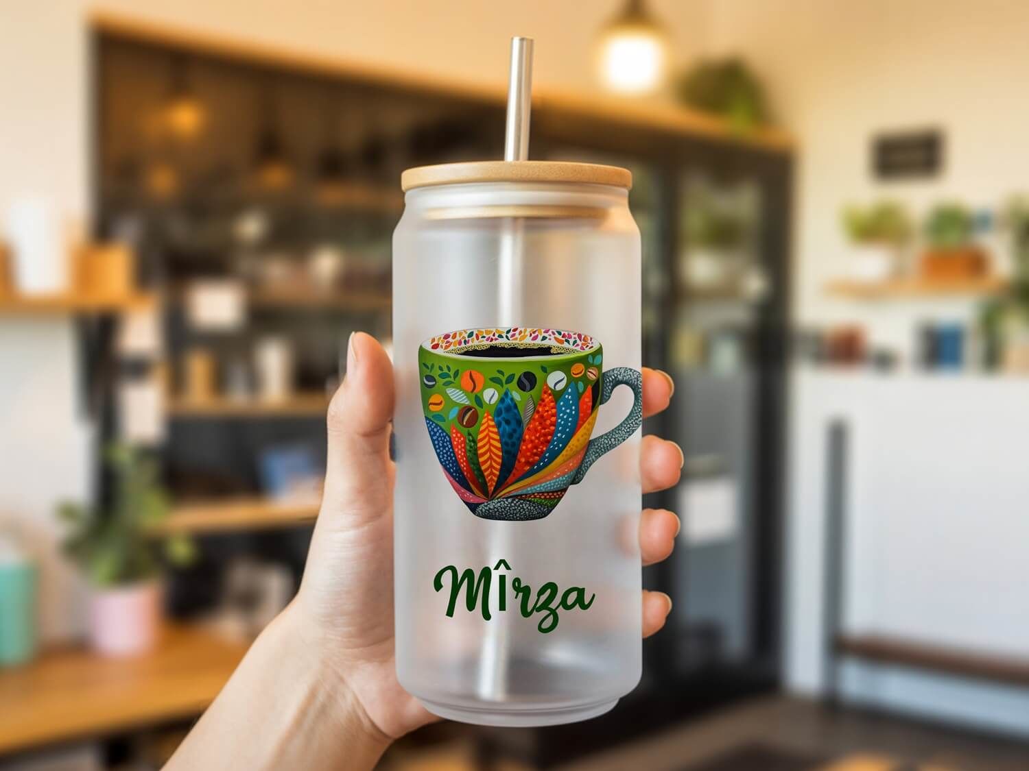 İsme Özel Kahve Ficanlı Pipetli Su Süt Meyve Suyu Cam Suluk - Kahve Ficanı Tasarımlı Suluk (600 ml)